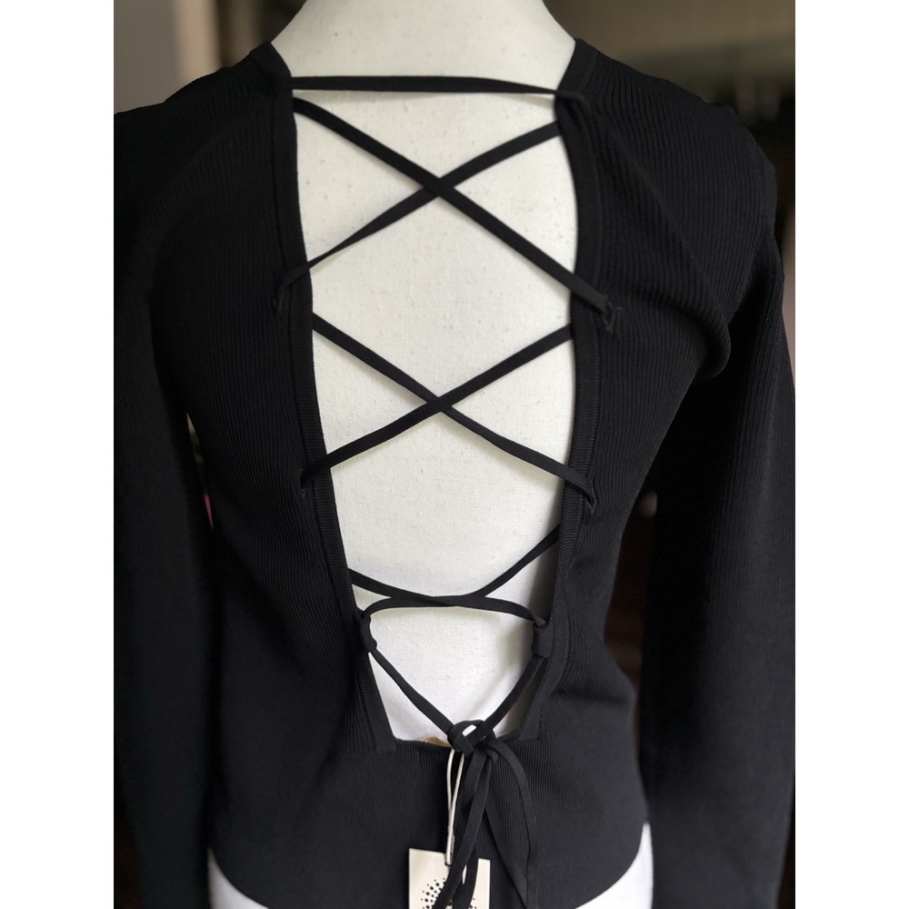 NWT Womens Ramy Brook Black Lucas Open Back‎ Lace-Up Knit Sweater Large - Picture 10 of 16